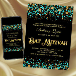 Teal Blue and Gold Bat Mitzvah Invitation