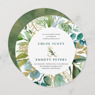 Teal Blue and Gold Botanical Round Wedding Invitation