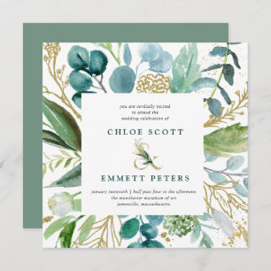 Teal Blue and Gold Botanical Square Wedding Invitation