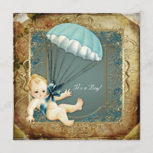 Teal Blue and Gold Boys Vintage Baby Shower Invitation