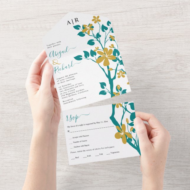 Teal blue and gold branch with flowers wedding all in one invitation (Tearaway)