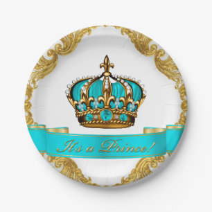 Teal Blue and Gold Crown Prince Baby Shower Paper Plate