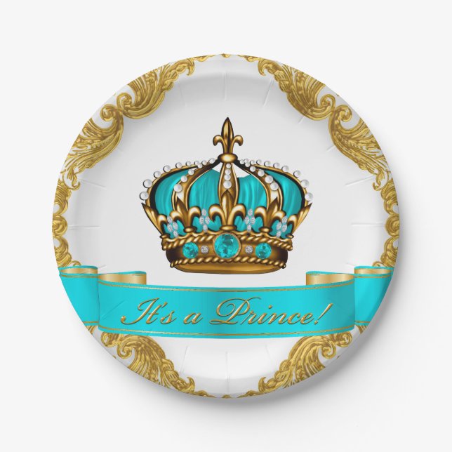 Teal Blue and Gold Crown Prince Baby Shower Paper Plate (Front)