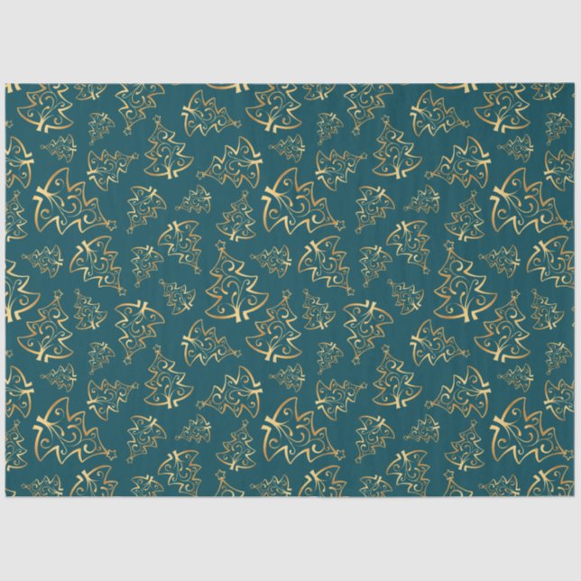 Teal Blue and Gold Elegant Christmas Trees Tissue Paper (Front)