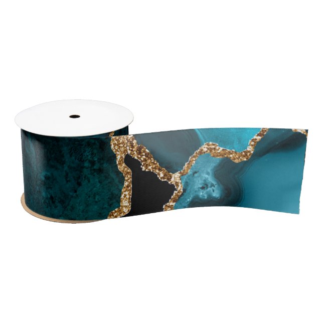 Teal Blue and Gold Faux Glitter Agate Satin Ribbon (Spool)