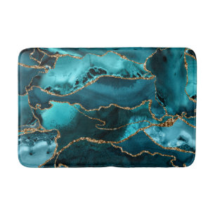 Teal Blue and Gold Glitter Agate Bath Mat