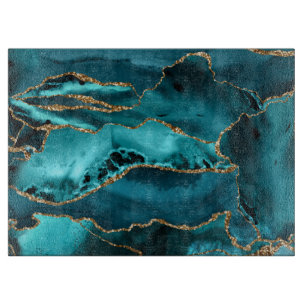 Teal Blue and Gold Glitter Agate Cutting Board