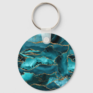Teal Blue and Gold Glitter Agate Key Ring
