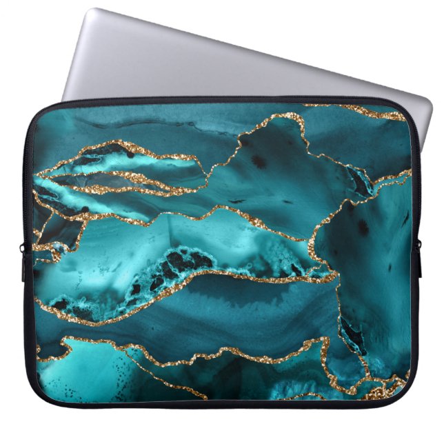 Teal Blue and Gold Glitter Agate Laptop Sleeve (Front)