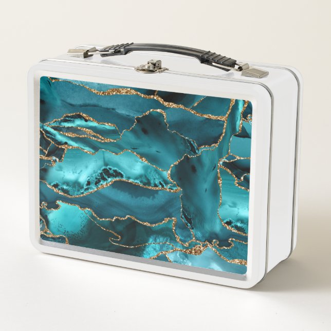 Teal Blue and Gold Glitter Agate Metal Lunch Box (Front)