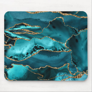 Teal Blue and Gold Glitter Agate Mouse Pad