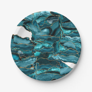 Teal Blue and Gold Glitter Agate Paper Plate