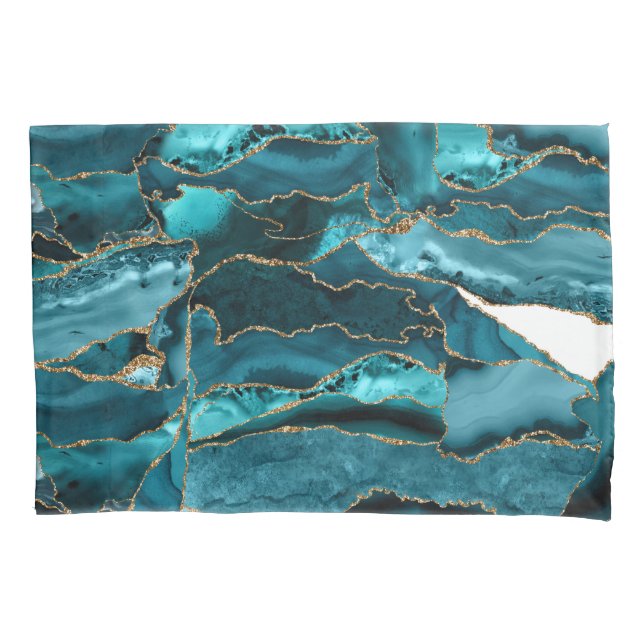 Teal Blue and Gold Glitter Agate Pillowcase (Front-Left)