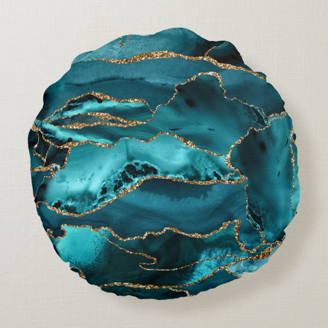 Teal Blue and Gold Glitter Agate Round Cushion (Back)
