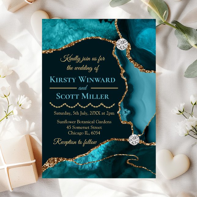 Teal Blue and Gold Glitter Agate Wedding Invitation (Creator Uploaded)