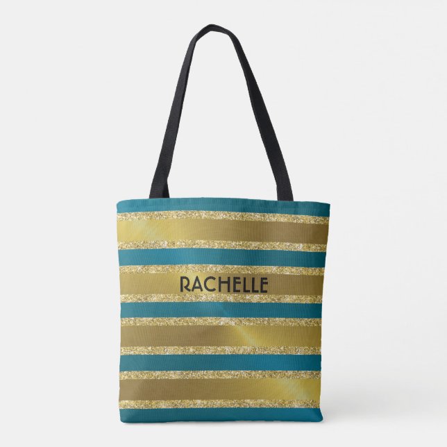 Teal Blue and Gold Glitter Stripes with Name Tote Bag (Back)