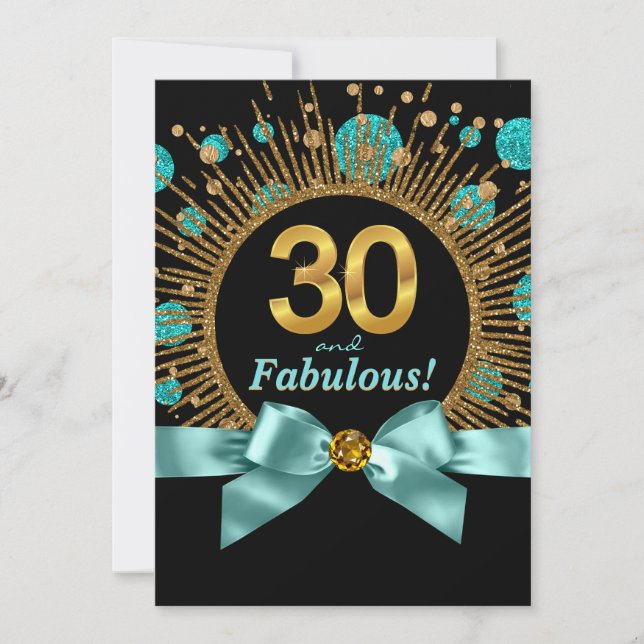 Teal Blue and Gold Glitter Womans 30th Birthday Invitation (Front)