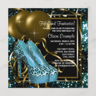 Teal Blue and Gold Leopard Birthday Party Invitation