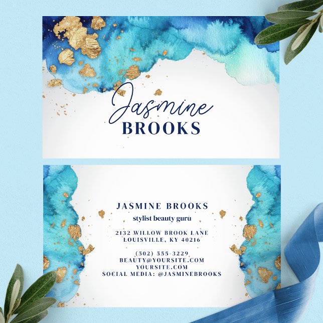 Teal Blue and Gold Luxury Watercolor Business Card (Creator Uploaded)