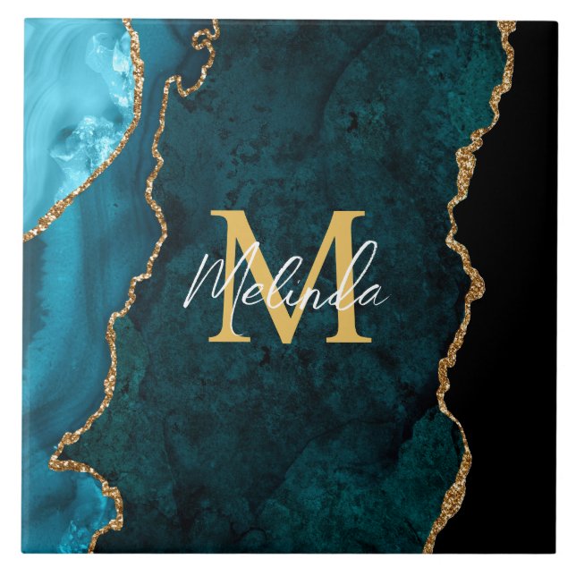 Teal Blue and Gold Marble Agate Ceramic Tile (Front)