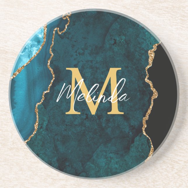 Teal Blue and Gold Marble Agate Coaster (Front)