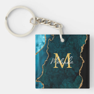Teal Blue and Gold Marble Agate Key Ring