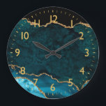 Teal Blue and Gold Marble Agate Large Clock<br><div class="desc">This clock features an elegant and glamourous agate marble background with geode gemstone detailing and faux gold glitter accents. The deep teal blue hues make it perfect for autumn fall and winter.</div>