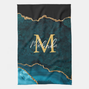 Teal Blue and Gold Marble Agate Tea Towel
