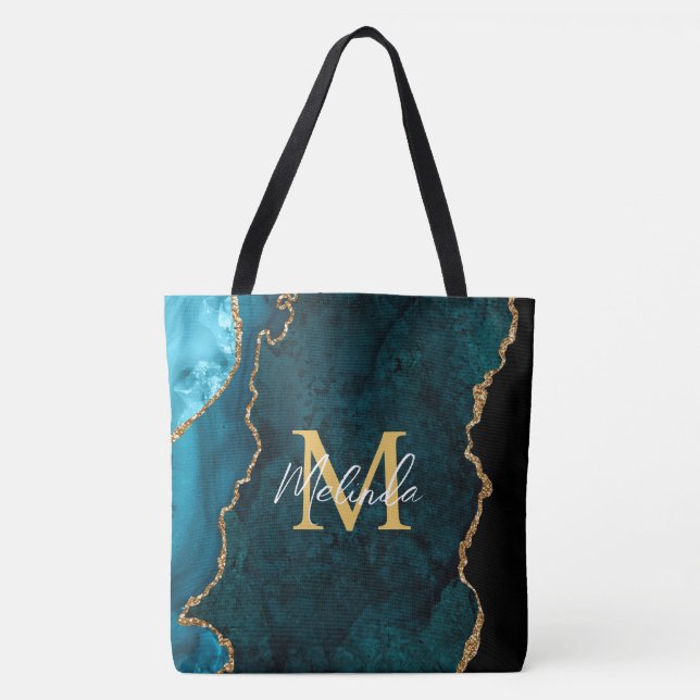 Teal Blue and Gold Marble Agate Tote Bag (Front)