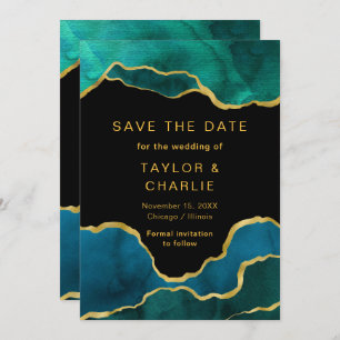 Teal Blue and Gold Painted Agate Save the Date