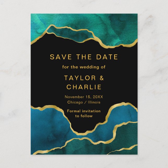 Teal Blue and Gold Painted Agate Save the Date Pos Postcard (Front)