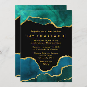 Teal Blue and Gold Painted Agate Wedding Invitatio Invitation