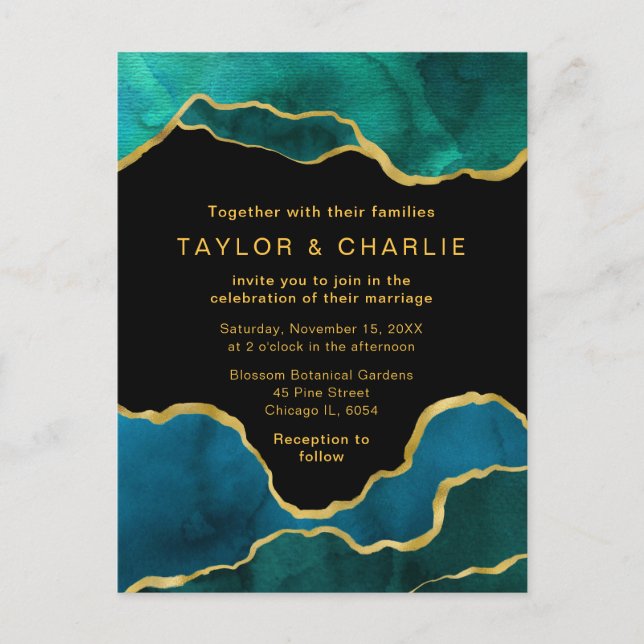 Teal Blue and Gold Painted Agate Wedding Postcard (Front)