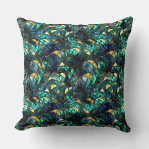 Teal, Blue and Gold Peacock Stained Glass Cushion