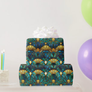 Teal, Blue and Gold Peacock Stained Glass Wrapping Paper