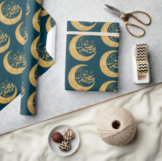 Teal Blue and Gold Ramadan Mubarak | Ramadan Gift  Wrapping Paper (Crafts)