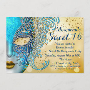 Teal Blue and Gold Sweet 16 Masquerade Party Invitation