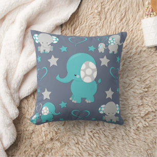 Teal Blue and Grey Baby Elephants Cushion