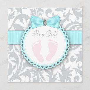 Teal Blue and Grey Footprint Baby Girl Shower Invitation