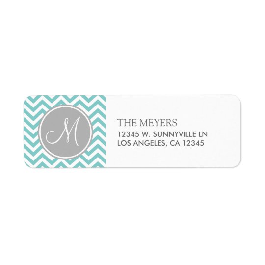 Teal Blue and Grey Modern Chevron with Monogram Return Address Label