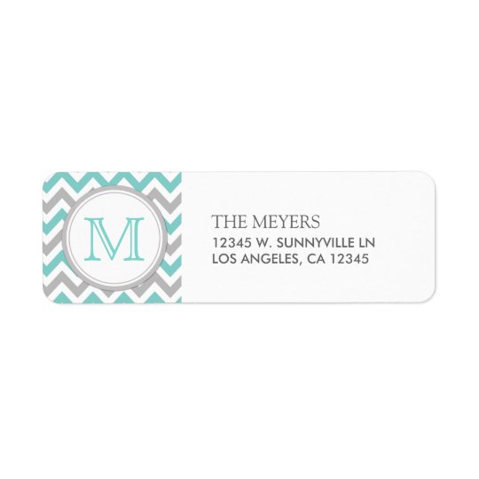 Teal Blue and Grey Modern Chevron with Monogram Return Address Label