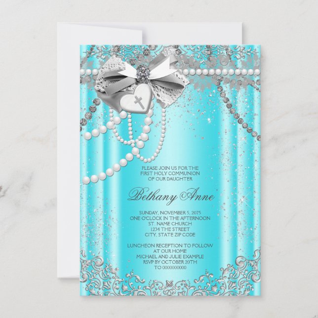 Teal Blue and Grey Pearl First Communion Invitation (Front)