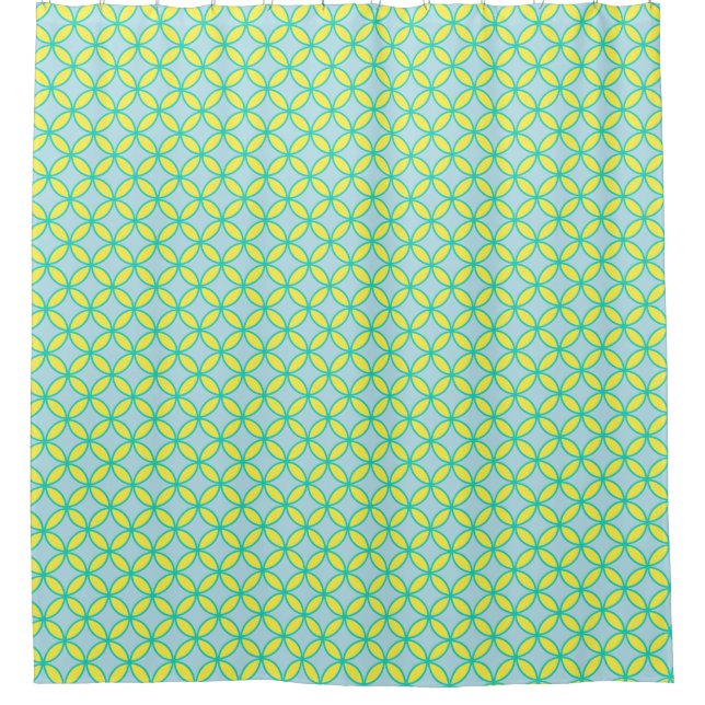 Teal blue and lemon yellow circles pattern shower curtain (Front)