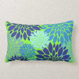 Teal Blue and Lime Green Flower Art Floral Print Lumbar Cushion