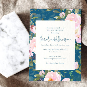 Teal Blue and Pink Botanical Florals Bridal Shower Invitation