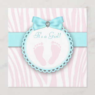 Teal Blue and Pink Footprint Baby Girl Shower Invitation