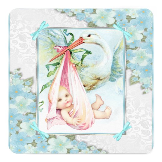Teal Blue and Pink Stork Baby Shower Card
