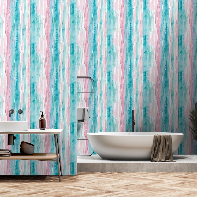 Teal, Blue and Pink Watercolor Stripes  Wallpaper (Bathroom)