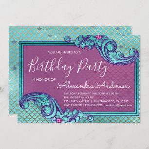 Teal Blue and Purple Mermaid Scales Birthday Party Invitation