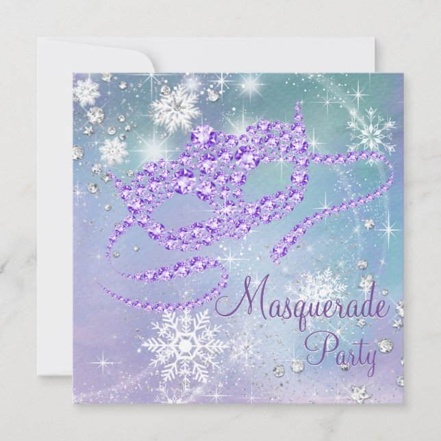 Teal Blue and Purple Snowflake Masquerade Party Invitation (Front)